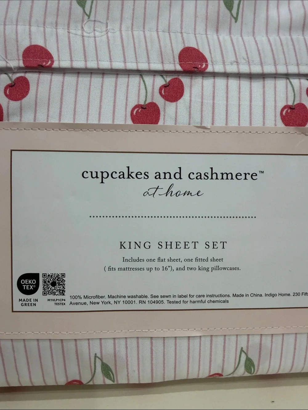 cupcakes & cashmere Pink & White Cherry Stripe King Sheet Set